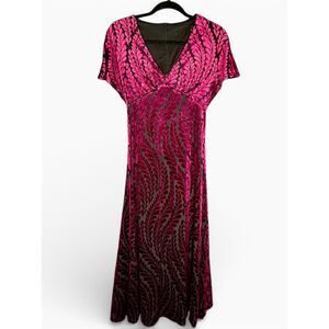 Women's Magenta Velvet Burnout V-Neck Empire Midi Dress Valentines Regency Sheer